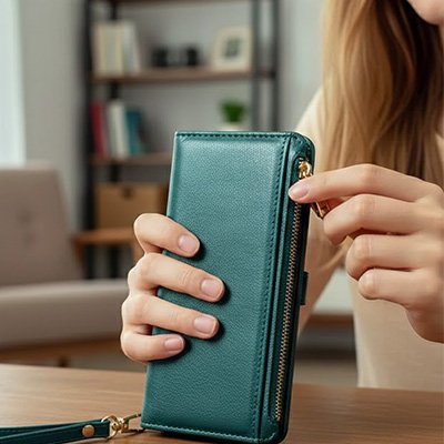 etui telephone bandouliere en cuir vert